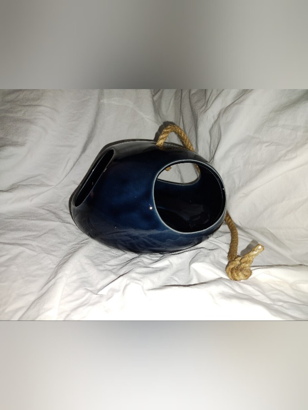 Vintage Blue Glossy Glazed Ceramic Hanging Vase Decor Rope Handle Plant Tray